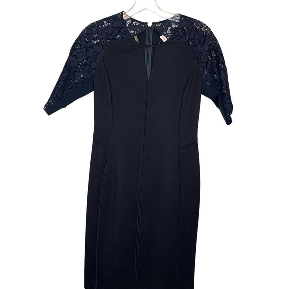 Rebecca Taylor Short Sleeve Fitted Dress with Lace Black Size 2 - Picture 2 of 9